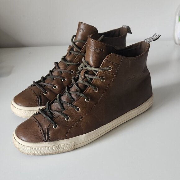 COACH | Brenna Soft Vintage Leather sneakers brown high top sz 10 - Picture 2 of 9